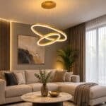 Pendul LED cu 2 Cercuri Suspendate, 140W, Ø50 cm, H150 cm, 3000K–6500K, Telecomandă, Auriu Periat
