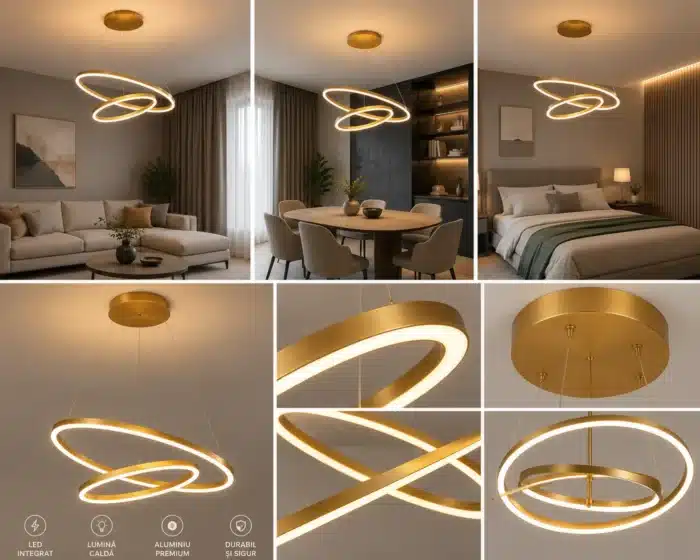 Pendul LED cu 2 Cercuri Suspendate, 140W, Ø50 cm, H150 cm, 3000K–6500K, Telecomandă, Auriu Periat - imagine 2