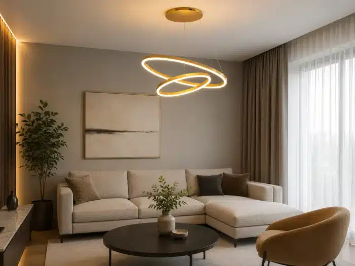Pendul LED cu 2 Cercuri Suspendate, 140W, Ø50 cm, H150 cm, 3000K–6500K, Telecomandă, Auriu Periat - imagine 3
