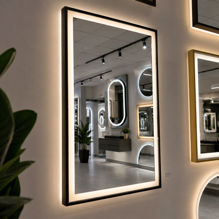 Oglinda LED 60x80 cm cu Rama Neagra, Senzor Miscare Premium - 3 Tipuri de Lumina, Dimabila, Ceas & Temperatura, Dezaburire - imagine 4
