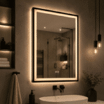 Oglinda LED 60x80 cm cu Rama Neagra, Senzor Miscare Premium - 3 Tipuri de Lumina, Dimabila, Ceas & Temperatura, Dezaburire