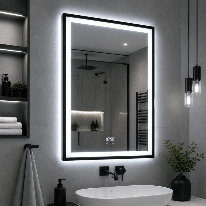 Oglinda LED 60x80 cm cu Rama Neagra, Senzor Miscare Premium - 3 Tipuri de Lumina, Dimabila, Ceas & Temperatura, Dezaburire - imagine 5