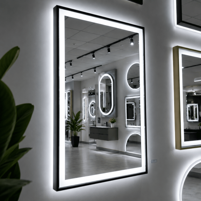 Oglinda LED 60x80 cm cu Rama Neagra, Senzor Miscare Premium - 3 Tipuri de Lumina, Dimabila, Ceas & Temperatura, Dezaburire - imagine 3
