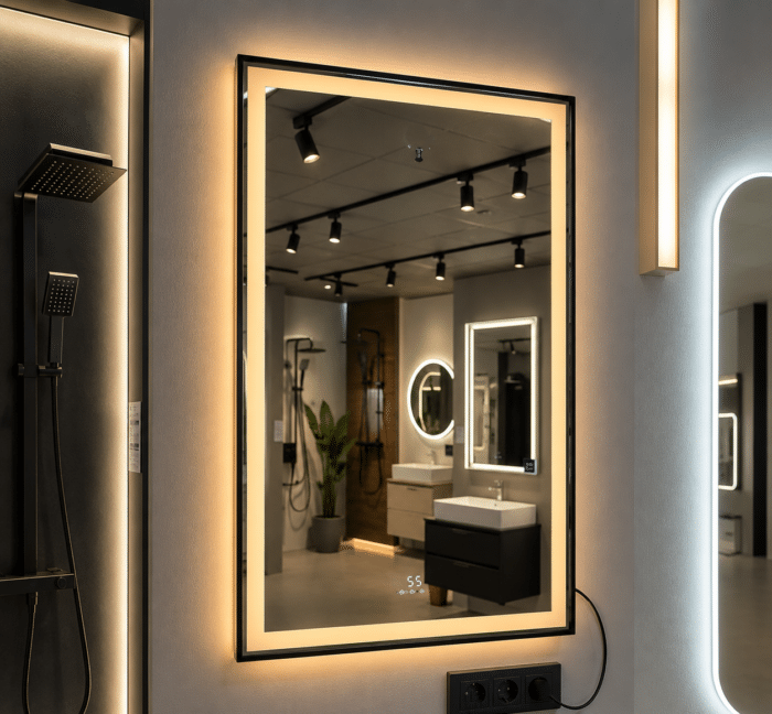 Oglinda LED 60x80 cm cu Rama Neagra, Senzor Miscare Premium - 3 Tipuri de Lumina, Dimabila, Ceas & Temperatura, Dezaburire - imagine 2