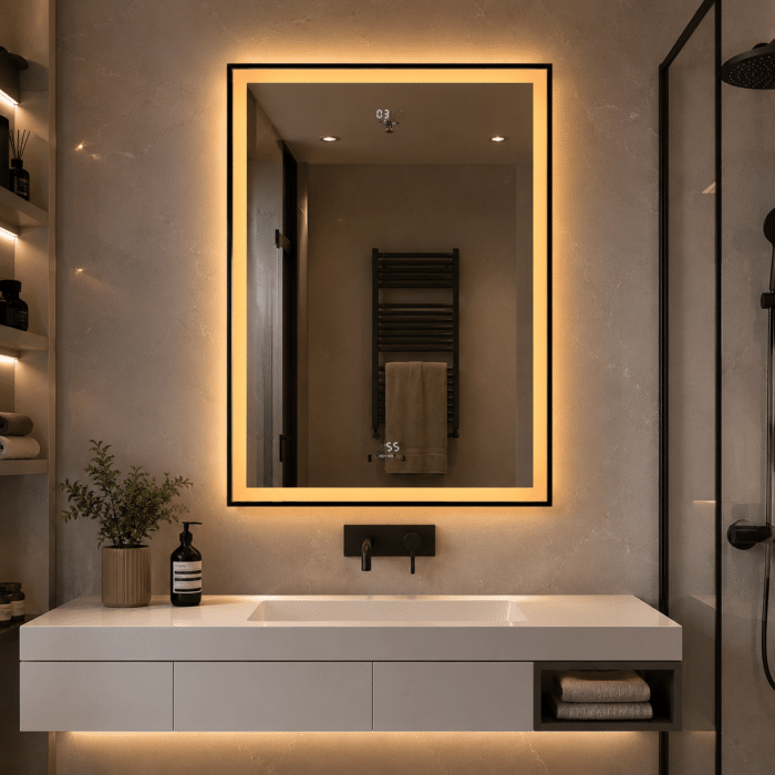 Oglinda LED 60x80 cm cu Rama Neagra, Senzor Miscare Premium - 3 Tipuri de Lumina, Dimabila, Ceas & Temperatura, Dezaburire - imagine 6