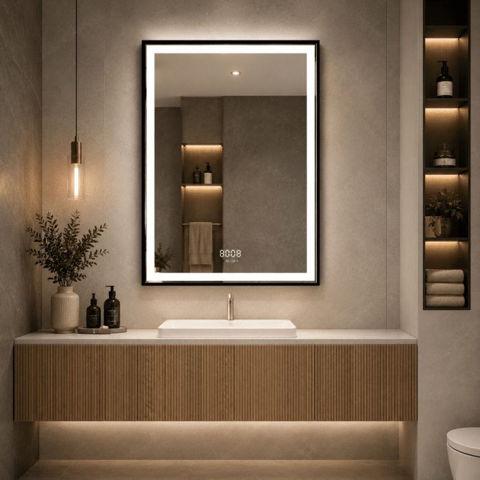 Oglinda LED 60x80 cm cu Rama Neagra, Senzor Miscare Premium - 3 Tipuri de Lumina, Dimabila, Ceas & Temperatura, Dezaburire - imagine 7
