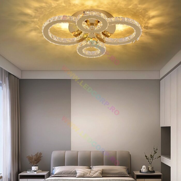 Lustra LED RGB, Model Cristale cu Telecomanda, 104W, Metal, Auriu (4)