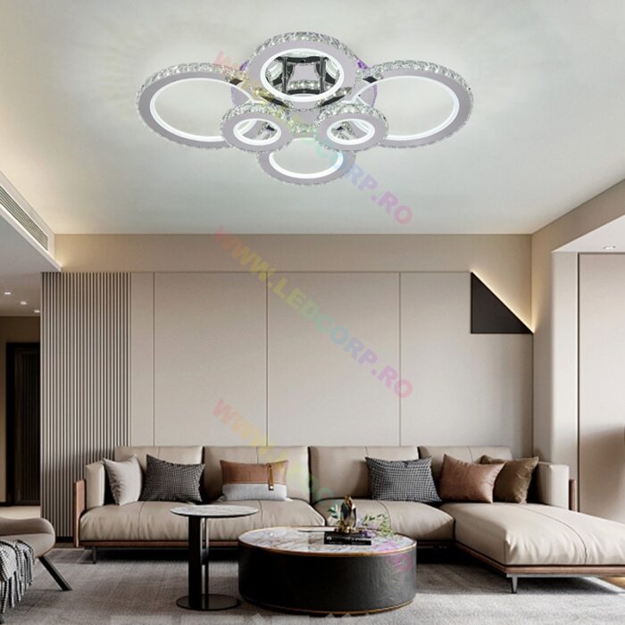 Lustra LED RGB, Model Cristale cu Telecomanda, 296W, Metal, Crom (2)