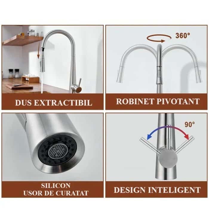Baterie Bucătărie din Inox, Pipă extensibilă cu Comandă Dublă, Racord inclus, Crom - imagine 2