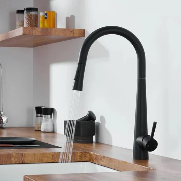 Baterie Bucătărie din Inox, Pipă extensibilă cu Comandă Dublă, Racord inclus, Negru (4)