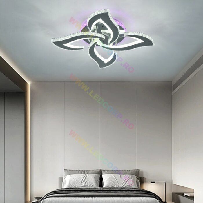 Lustra LED 4 Petale Aplicată Model Cristale cu Telecomanda RGB, 120W, Metal, Crom - imagine 2