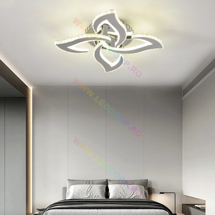 Lustra LED 4 Petale Aplicată Model Cristale cu Telecomanda RGB, 120W, Metal, Crom - imagine 3