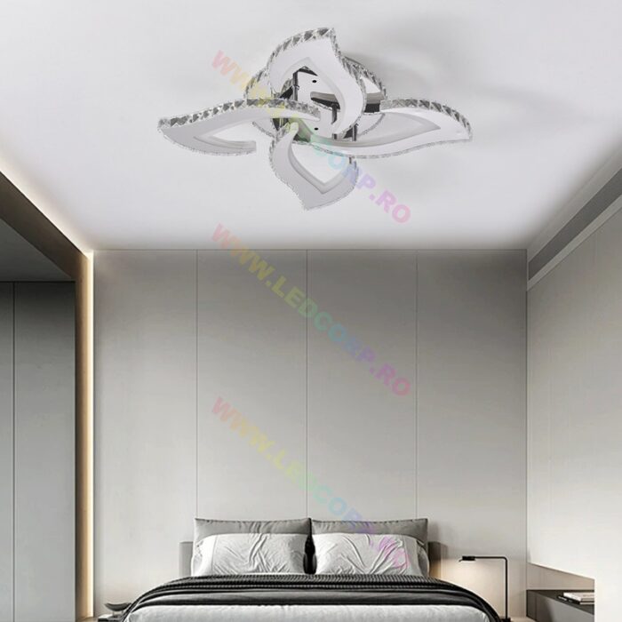 Lustra LED 4 Petale Aplicată Model Cristale cu Telecomanda RGB, 120W, Metal, Crom - imagine 5