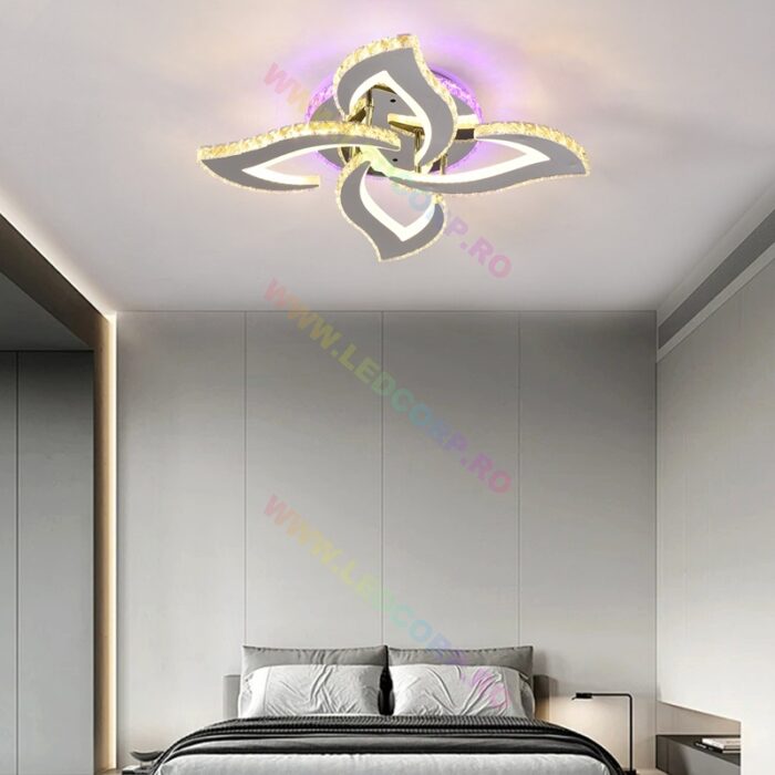 Lustra LED 4 Petale Aplicată Model Cristale cu Telecomanda RGB, 120W, Metal, Crom - imagine 6