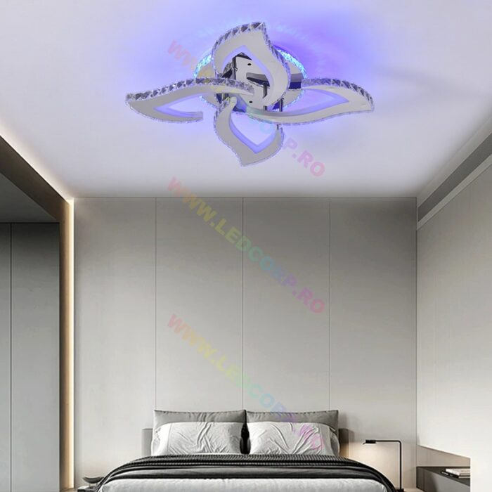 Lustra LED 4 Petale Aplicată Model Cristale cu Telecomanda RGB, 120W, Metal, Crom - imagine 7