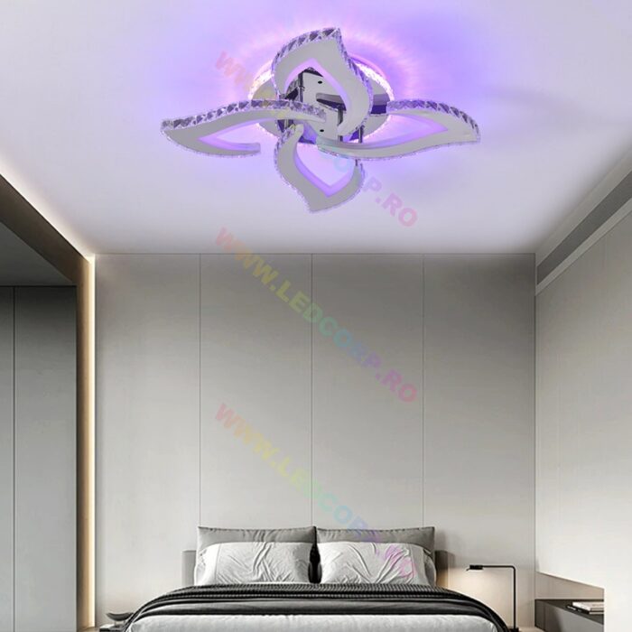 Lustra LED 4 Petale Aplicată Model Cristale cu Telecomanda RGB, 120W, Metal, Crom - imagine 8