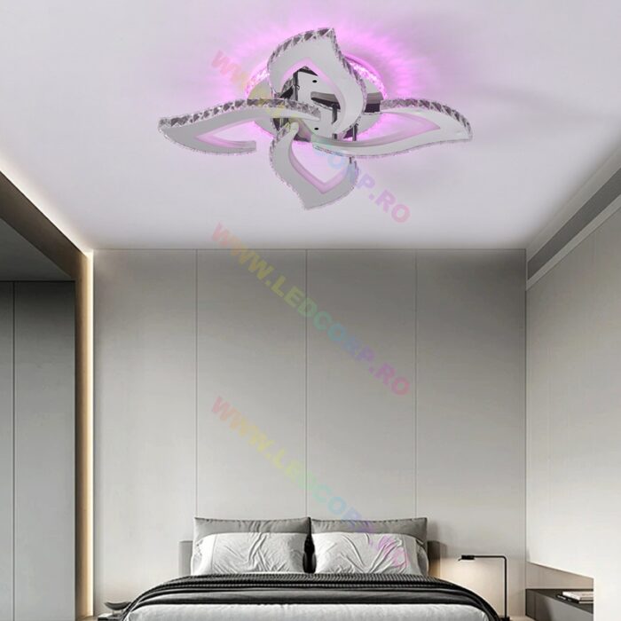 Lustra LED 4 Petale Aplicată Model Cristale cu Telecomanda RGB, 120W, Metal, Crom - imagine 9