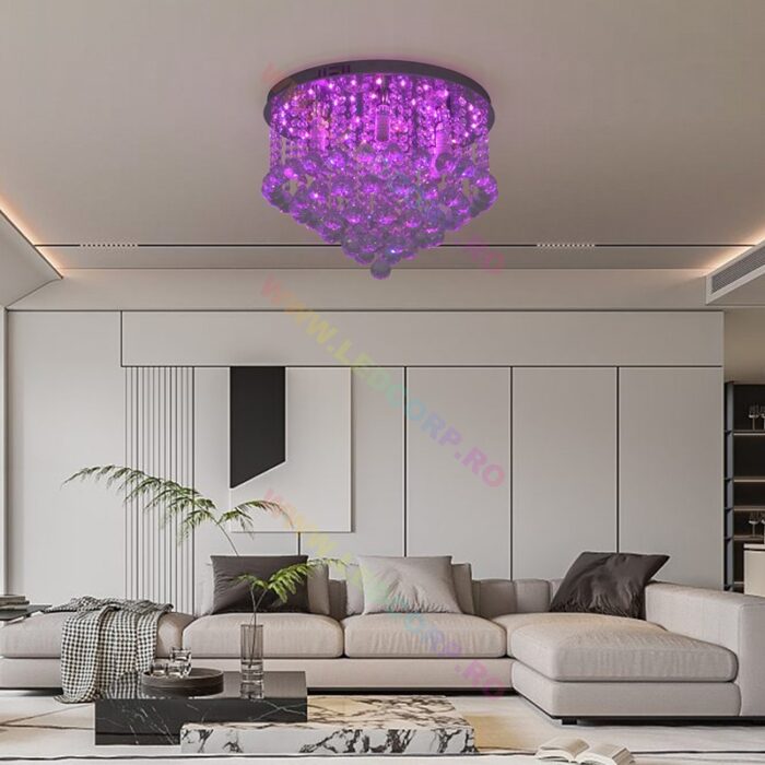 Lustra LED RGB Teilor Aplicată Model Cristale cu Telecomanda, 96W, Metal, Crom (1)