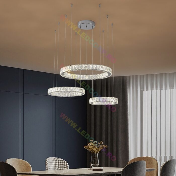 Lustra LED Suspendată Luxury Model Cristale cu Telecomanda, 128W, Metal, Crom (6)