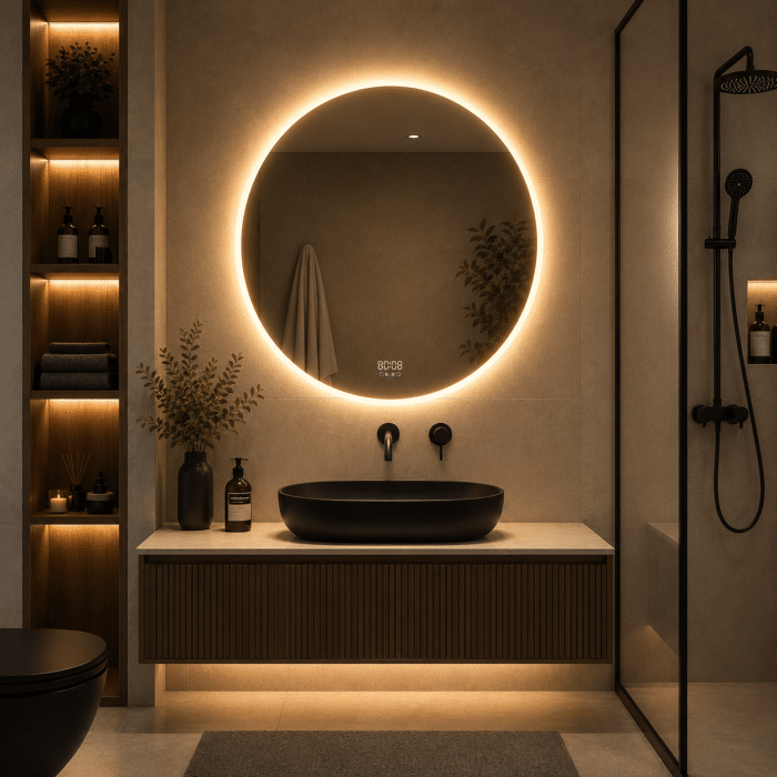 Oglinda LED 60x60 cm, Senzor Miscare Premium - 3 Tipuri de Lumina, Dimabila, Ceas & Temperatura, Dezaburire - imagine 2