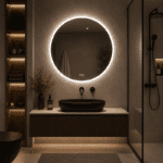 Oglinda LED 60x60 cm, Senzor Miscare Premium - 3 Tipuri de Lumina, Dimabila, Ceas & Temperatura, Dezaburire