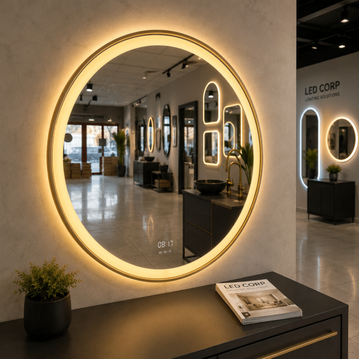 Oglinda LED 80x80 cm cu Rama Aurie, Senzor Miscare Premium - 3 Tipuri de Lumina, Dimabila, Ceas & Temperatura, Dezaburire - imagine 4