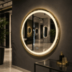 Oglinda LED 80x80 cm cu Rama Aurie, Senzor Miscare Premium - 3 Tipuri de Lumina, Dimabila, Ceas & Temperatura, Dezaburire - imagine 2