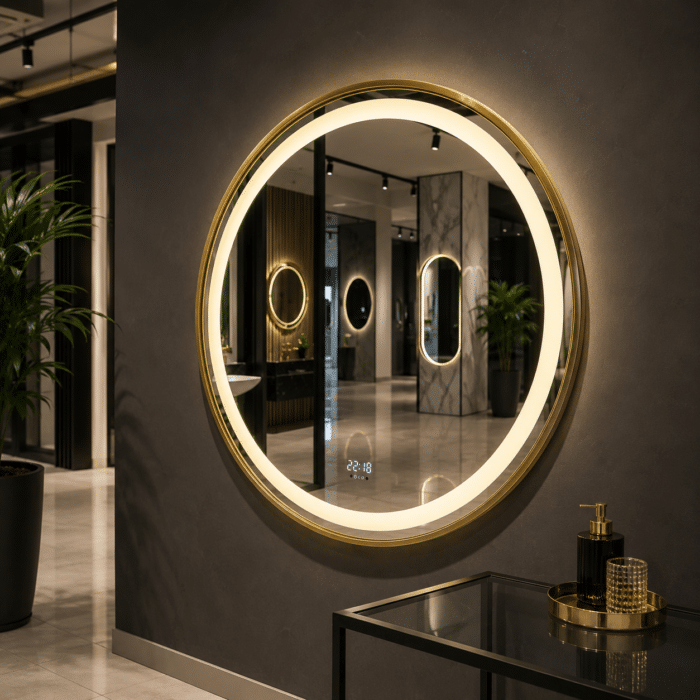 Oglinda LED 80x80 cm cu Rama Aurie, Senzor Miscare Premium - 3 Tipuri de Lumina, Dimabila, Ceas & Temperatura, Dezaburire - imagine 2