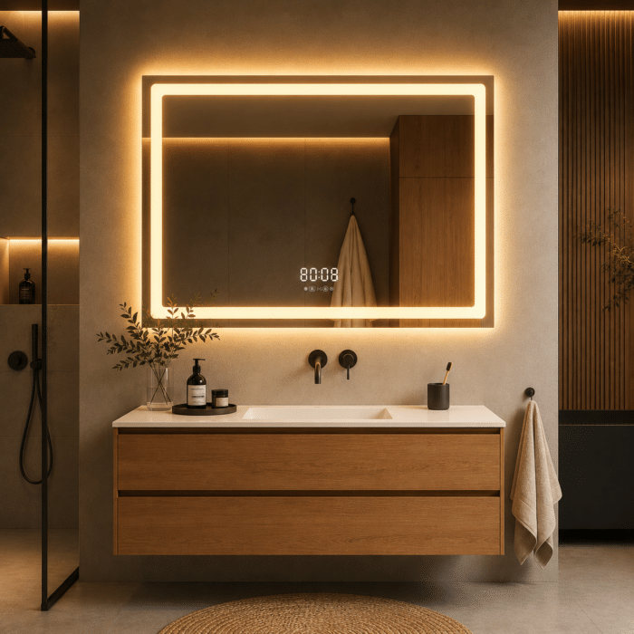 Oglinda LED 80x60 cm Dreptunghiulara, Senzor Miscare Premium - 3 Tipuri de Lumina, Dimabila, Ceas & Temperatura, Dezaburire - imagine 2