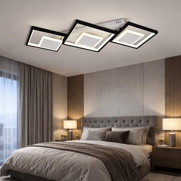 Lustra LED Siber 78W, 3 tipuri de lumină cu telecomandă, Alb, Negru