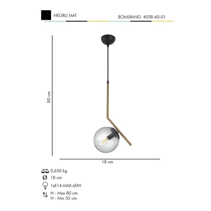 Pendul Modern, 1x bec E27, Abajur Fumuriu din Sticla, Auriu - imagine 3