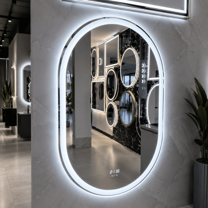 Oglinda LED 60x80 cm Ovala, Senzor Miscare Premium - 3 Tipuri de Lumina, Dimabila, Ceas & Temperatura, Dezaburire - imagine 3