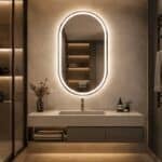 Oglinda LED 60x80 cm Ovala, Senzor Miscare Premium - 3 Tipuri de Lumina, Dimabila, Ceas & Temperatura, Dezaburire