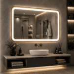 Oglinda LED 80x60 cm Dreptunghiulara cu Rama Aurie, Senzor Miscare Premium - 3 Tipuri de Lumina, Dimabila, Ceas & Temperatura, Dezaburire