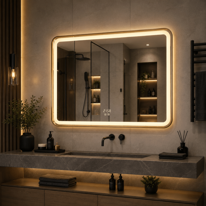 Oglinda LED 80x60 cm Dreptunghiulara cu Rama Aurie, Senzor Miscare Premium - 3 Tipuri de Lumina, Dimabila, Ceas & Temperatura, Dezaburire - imagine 5