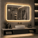Oglinda LED 80x60 cm Dreptunghiulara cu Rama Aurie, Senzor Miscare Premium - 3 Tipuri de Lumina, Dimabila, Ceas & Temperatura, Dezaburire - imagine 4