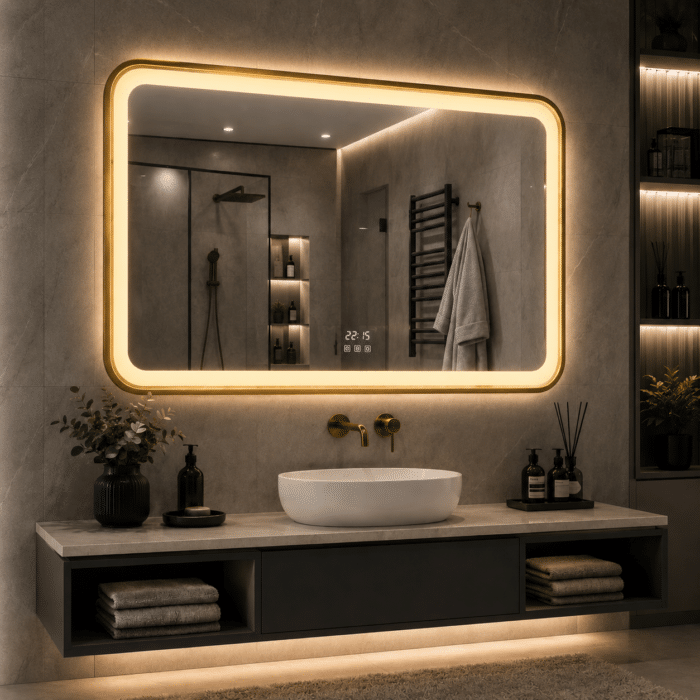 Oglinda LED 80x60 cm Dreptunghiulara cu Rama Aurie, Senzor Miscare Premium - 3 Tipuri de Lumina, Dimabila, Ceas & Temperatura, Dezaburire - imagine 4
