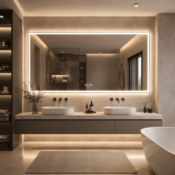 Oglinda Baie LED Smart 150x80 cm, Senzor Miscare, Dezaburire, Ceas si Temperatura, 3 Tipuri de Lumina, Dimabila - imagine 2
