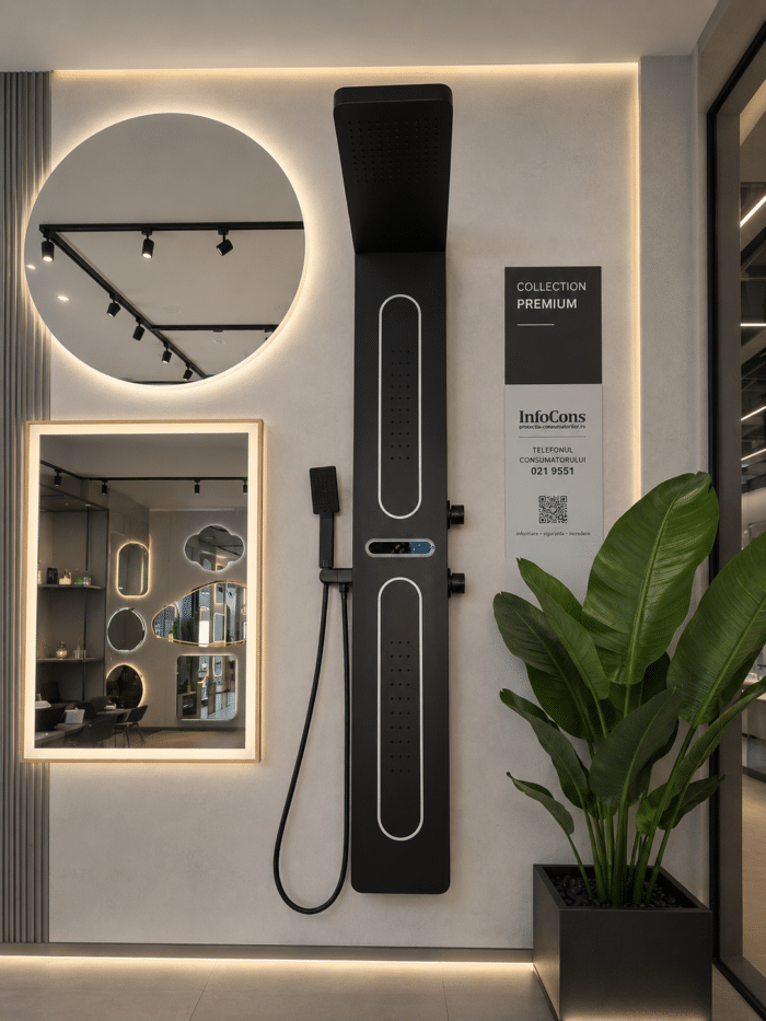 Panel de Dus cu Efect de Ploaie si Jeturi cu Masaj, Display si LED Incorporat, Negru Mat - imagine 3