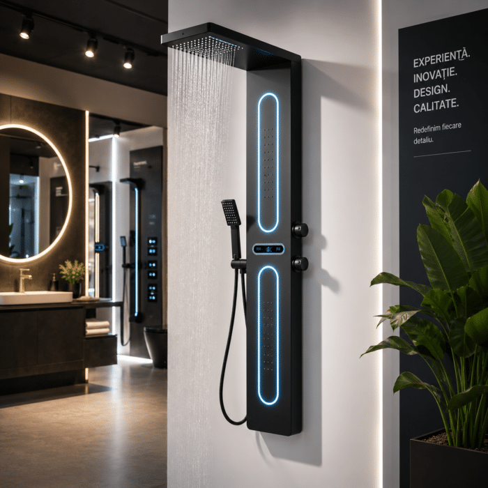 Panel de Dus cu Efect de Ploaie si Jeturi cu Masaj, Display si LED Incorporat, Negru Mat - imagine 5