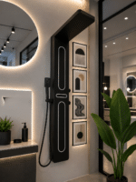 Panel de Dus cu Efect de Ploaie si Jeturi cu Masaj, Display si LED Incorporat, Negru Mat - imagine 2