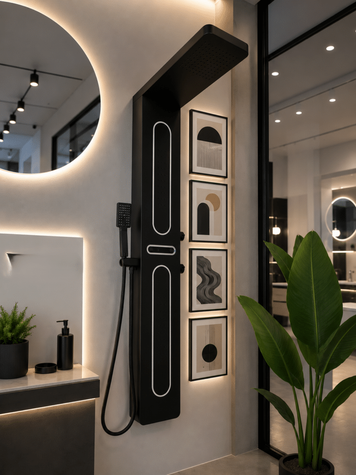 Panel de Dus cu Efect de Ploaie si Jeturi cu Masaj, Display si LED Incorporat, Negru Mat - imagine 2