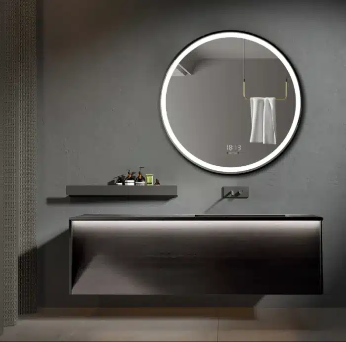 Oglinda LED 70x70 cm Rama Neagra, Senzor Miscare Premium - 3 Tipuri de Lumina, Dimabila, Ceas & Temperatura, Dezaburire - imagine 5