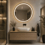 Oglinda LED 70x70 cm Rama Neagra, Senzor Miscare Premium - 3 Tipuri de Lumina, Dimabila, Ceas & Temperatura, Dezaburire