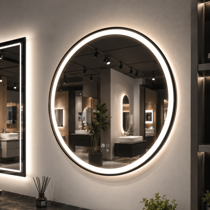 Oglinda LED 70x70 cm Rama Neagra, Senzor Miscare Premium - 3 Tipuri de Lumina, Dimabila, Ceas & Temperatura, Dezaburire - imagine 4