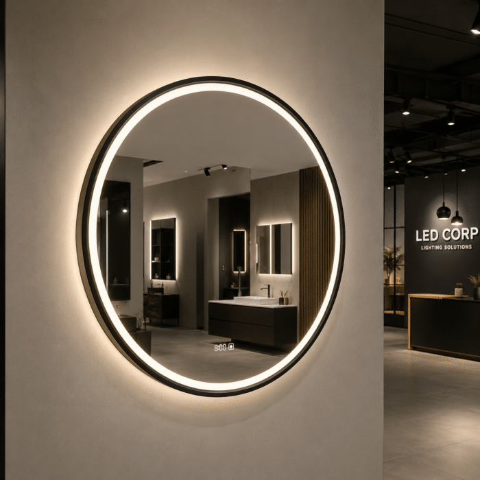 Oglinda LED 70x70 cm Rama Neagra, Senzor Miscare Premium - 3 Tipuri de Lumina, Dimabila, Ceas & Temperatura, Dezaburire - imagine 3