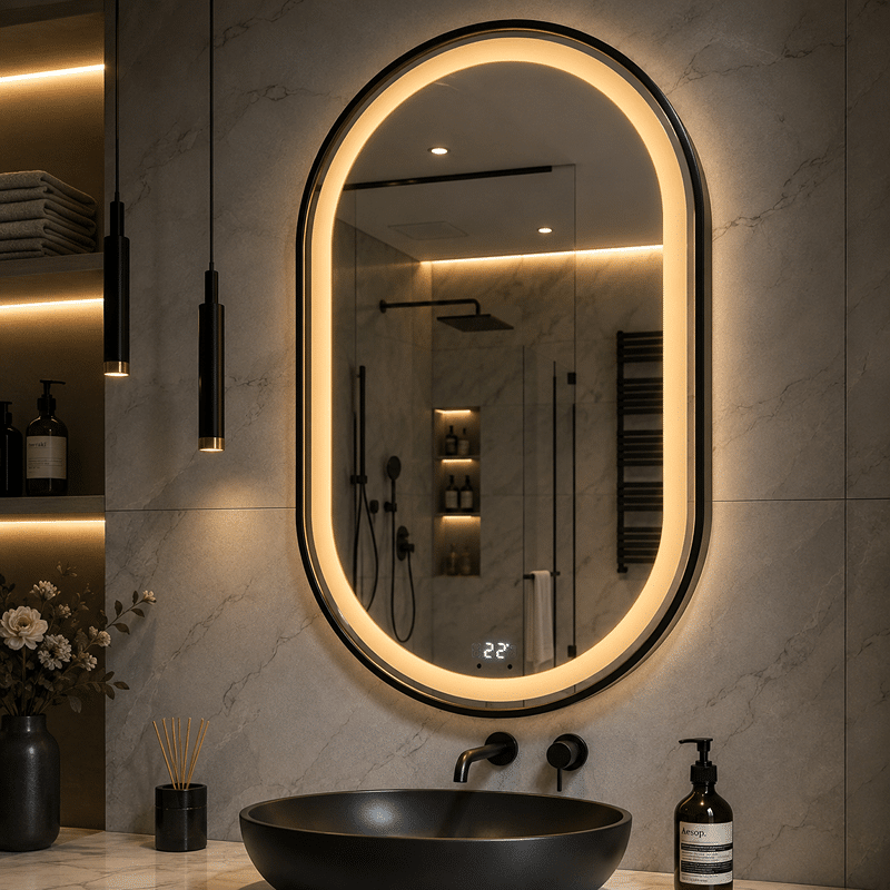 Oglinda LED 50x80 cm cu Rama Neagra Ovala, Senzor Miscare Premium - 3 Tipuri de Lumina, Dimabila, Ceas & Temperatura, Dezaburire (1) Oglinda LED 50x80 cm cu Rama Negru Periat, Forma Ovala, Senzor Miscare Premium - 3 Tipuri de Lumina, Dimabila, Ceas & Temperatura, Dezaburire - imagine 1