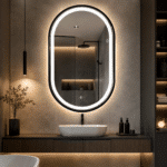 Oglinda LED 50x80 cm cu Rama Negru Periat, Forma Ovala, Senzor Miscare Premium - 3 Tipuri de Lumina, Dimabila, Ceas & Temperatura, Dezaburire - imagine 2