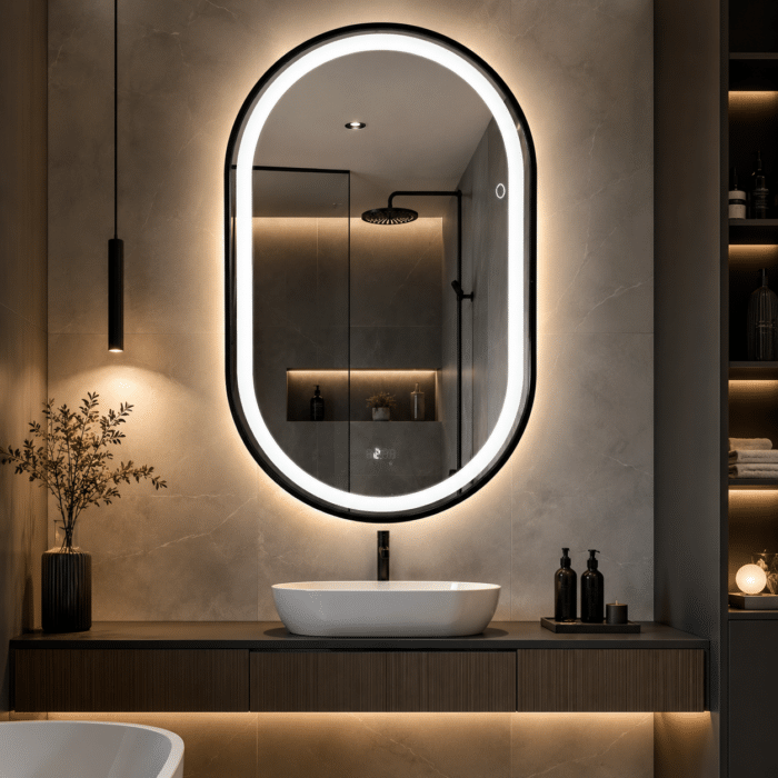 Oglinda LED 50x80 cm cu Rama Negru Periat, Forma Ovala, Senzor Miscare Premium - 3 Tipuri de Lumina, Dimabila, Ceas & Temperatura, Dezaburire - imagine 2
