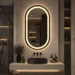 Oglinda LED 50x80 cm cu Rama Negru Periat, Forma Ovala, Senzor Miscare Premium - 3 Tipuri de Lumina, Dimabila, Ceas & Temperatura, Dezaburire - imagine 3